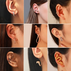 Vintage Snake Shaped Earrings Alloy Rhinestone Punk Gothic Style Wrap Around Ear Clip Jewelry For Women