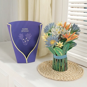 Detailed 3D pop-up flower bouquet card with matching purple envelope and instructions