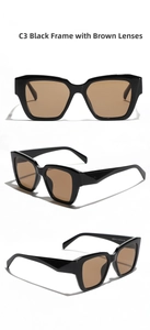 Three-angle view of vintage square black sunglasses with brown lenses and technical specs