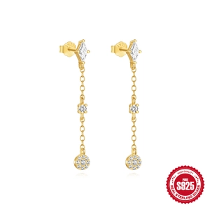 S925 silver long gold tassel earrings with geometric diamond pendants and fringe details