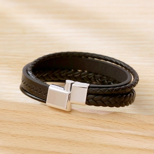 Men's multi-layer black woven leather bracelet with polished silver rectangular alloy clasp