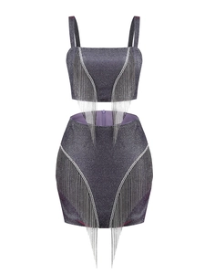 Macro detail of purple-grey sequined crop top and skirt set with long silver tassels