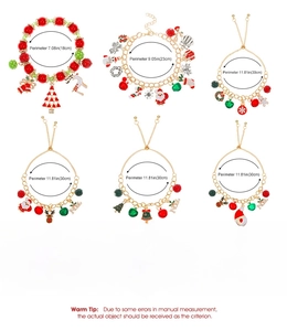 Detailed chart showing six festive Christmas charms bracelets with alloy chain specifications