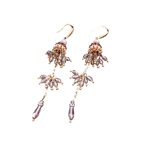 Ethnic glass beaded tassel earrings with vintage gold hooks and smoke grey crystals