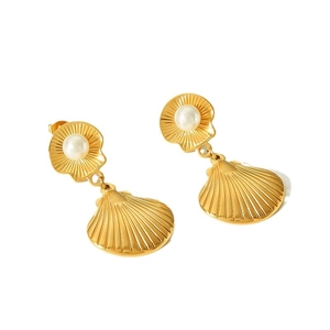 Elegant 18k gold plated shell drop earrings with white round pearls on white background