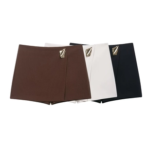 High Waisted Asymmetrical Skorts Women Woven Polyester Wrap Mini Shorts With Irregular Gold Metal Buckle Sexy Streetwear
