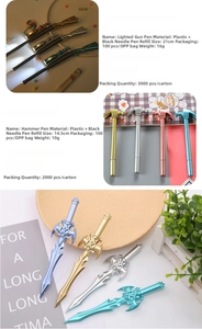 Creative weaponry shaped pens featuring sniper rifle, hammer, and sword designs in metallic finish