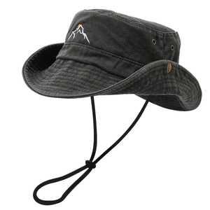 Fashionable washed wide brim sun hat with mountain embroidery and adjustable windproof rope