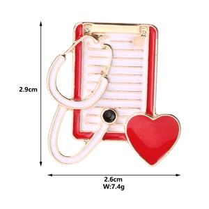 Detail of medical stethoscope enamel brooch with dimensions and weight measurements