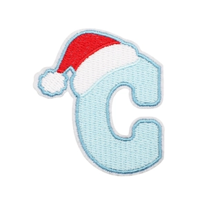Christmas theme light blue embroidered letter C patch with a red Santa hat on white background