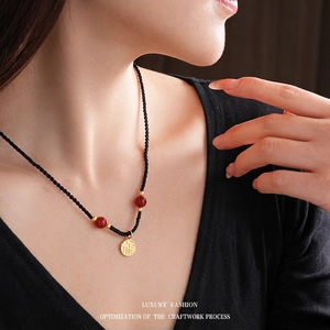 New Chinese-style necklace with red agate beads and gold Fu character pendant for women