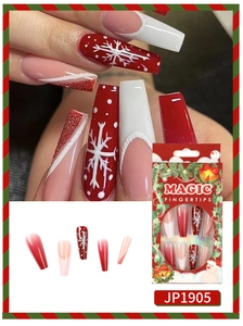 Long coffin Christmas press-on nails with white snowflakes and French tip nail art design