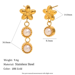 18K gold plated stainless steel asymmetrical flower and pearl earrings dimensions view