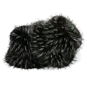 Detail of plush black leg warmers with deep green faux fox fur trim in fluffy texture