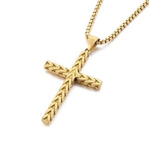 Collier avec pendentif croix dorée texturée en épi de blé et chaîne box pour homme
