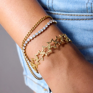 Three-piece gold stainless steel bracelet set with hollow star and zircon tennis chain