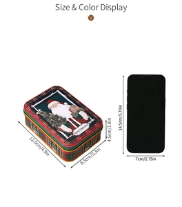 Detailed size display of a Christmas tin box next to a phone for scale comparison