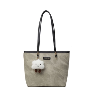 Gray-green large capacity tote bag with black straps and a plush cloud charm accessory