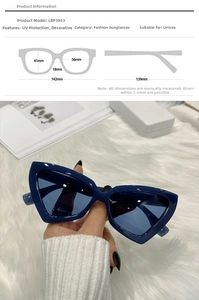 Detailed sizing chart and specifications for LBP3933 cat-eye UV400 sunglasses