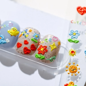 3D colorful spring nail art stickers with cute heart, flower and chick relief designs
