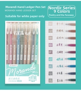 Nine-color Morandi gel pen set with 0.5mm tips and assorted ink swatches on green background