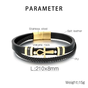 Detail view of woven leather bracelet with cross charms, magnetic clasp and size specs