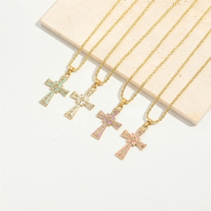 Cross pendant necklaces with colorful enamel and crystal inlays on gold chains