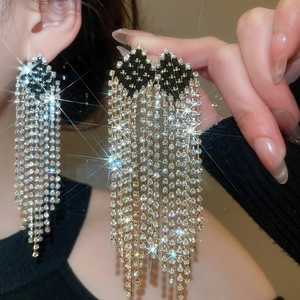Long rhombus tassel earrings with black gold finish and sparkling rhinestones for women