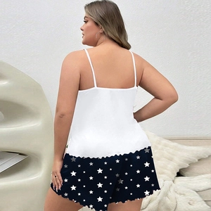 Detail of plus size sleepwear with star print shorts and scalloped edge design
