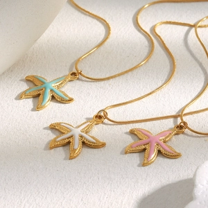 18K gold plated stainless steel starfish pendant necklaces with colorful enamel finish