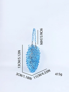 Blue acrylic crystal beaded handbag dimensions and weight specifications on white background