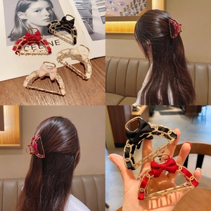 Velvet bow hair claw clip with golden metal chain fringe in black red cream and pink