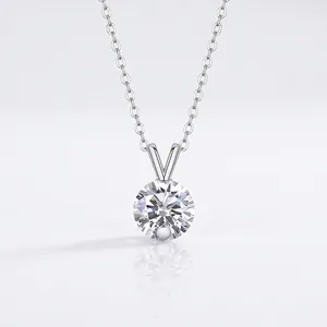 925 Sterling Silver Moissanite Round Pendant Necklace V-Prong Clavicle Link Chain Elegant Fashion Jewelry For Women Gift