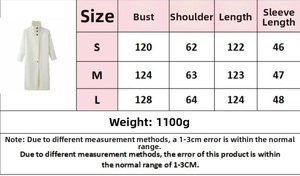 Detailed size chart with measurements in centimeters for this wool blend trench coat