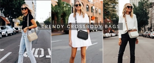 Three trendy quilted crossbody bags in beige, black, and white with wide graphic straps