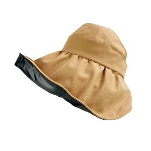 Women's khaki vinyl sun hat with wide brim for UV protection and ponytail friendly design