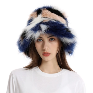 Detailed texture of camouflage faux fur bucket hat with blue and white color block panels