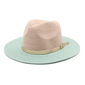 Two-tone Panama straw sun hat with fedora style and gold buckle leather band for women