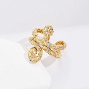 18K gold plated copper snake ring with sparkling white zircon inlays and scale texture