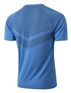 Detailed back view of a blue athletic t-shirt featuring black gradient dot pattern