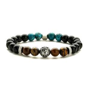 Bracelet en perles d'oeil de tigre et onyx noir avec breloque croix en argent poli