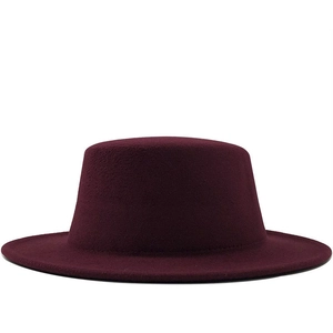 Detailed view of dark burgundy flat top fedora hat with high-quality wool felt texture