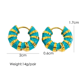Detail view of gold and sky blue enamel striped hoop earrings with size specifications