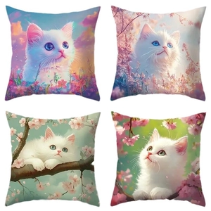 Set of four cushion covers with colorful cat and floral illustrations for sofa decor