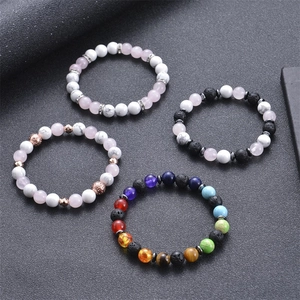 Natural Stone Beaded Bracelet Lava Rock Rose Quartz Seven Chakra Yoga Healing Essential Oil Diffuser Elastic Women Men