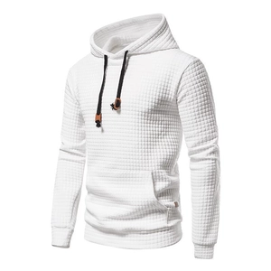 Men's white jacquard hoodie with waffle texture and black drawstrings in 3D view