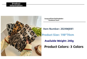 Close-up of leopard print cashmere-like scarf showing soft texture and tassel detail