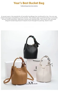 Three minimalist leather bucket bags in black, brown, and cream with silk scarf handles