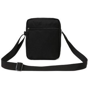 Men's vertical casual black crossbody shoulder bag with front zipper pocket and strap