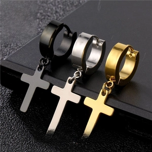Detailed view of polished stainless steel cross hoop earrings in black silver and gold